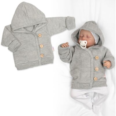 Rastúci pletený svetrík s kapucňou, zapínanie gombíkmi - šedý