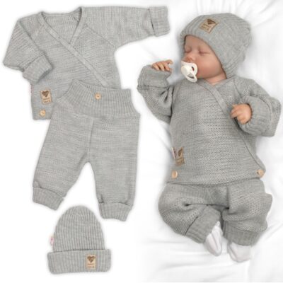 Rastúci pletený zavinovací svetrík, nohavice a čiapky, 3D - šedá, veľ. 80/86