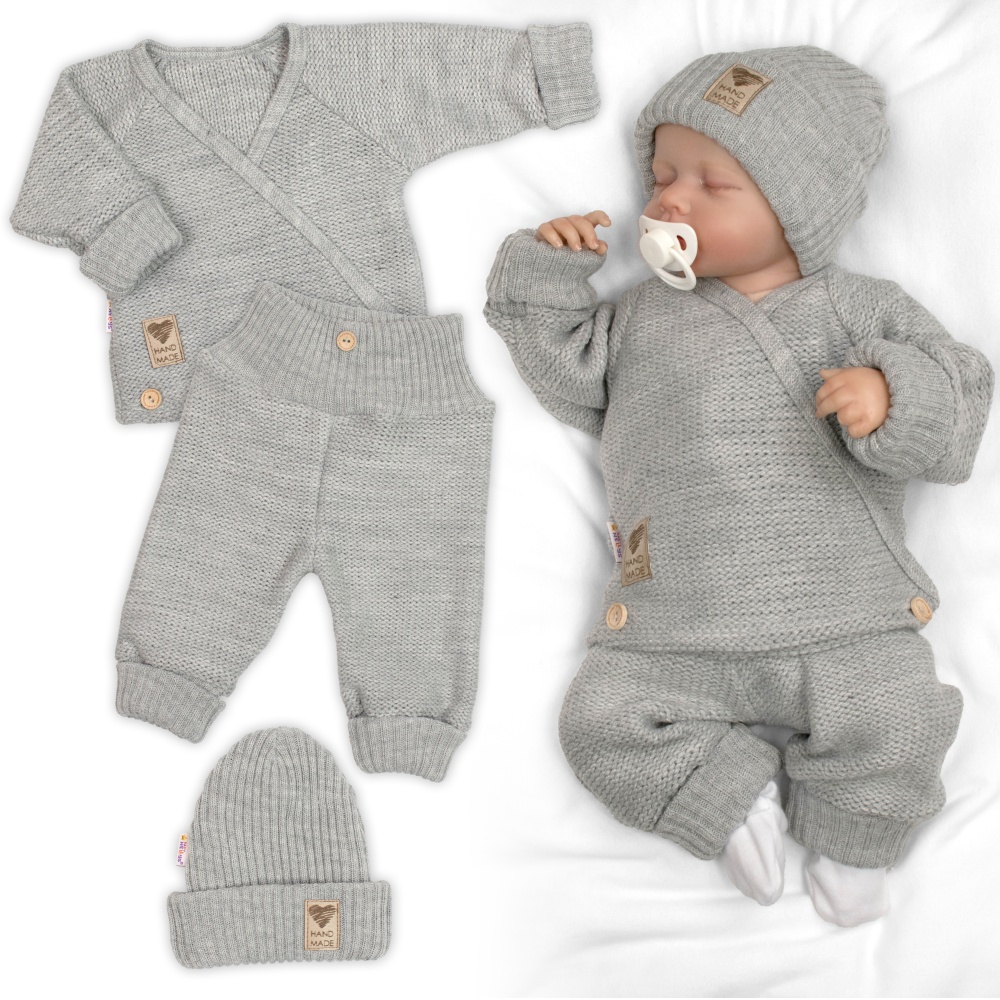 Rastúci pletený zavinovací svetrík, nohavice a čiapky, 3D - šedá, veľ. 80/86
