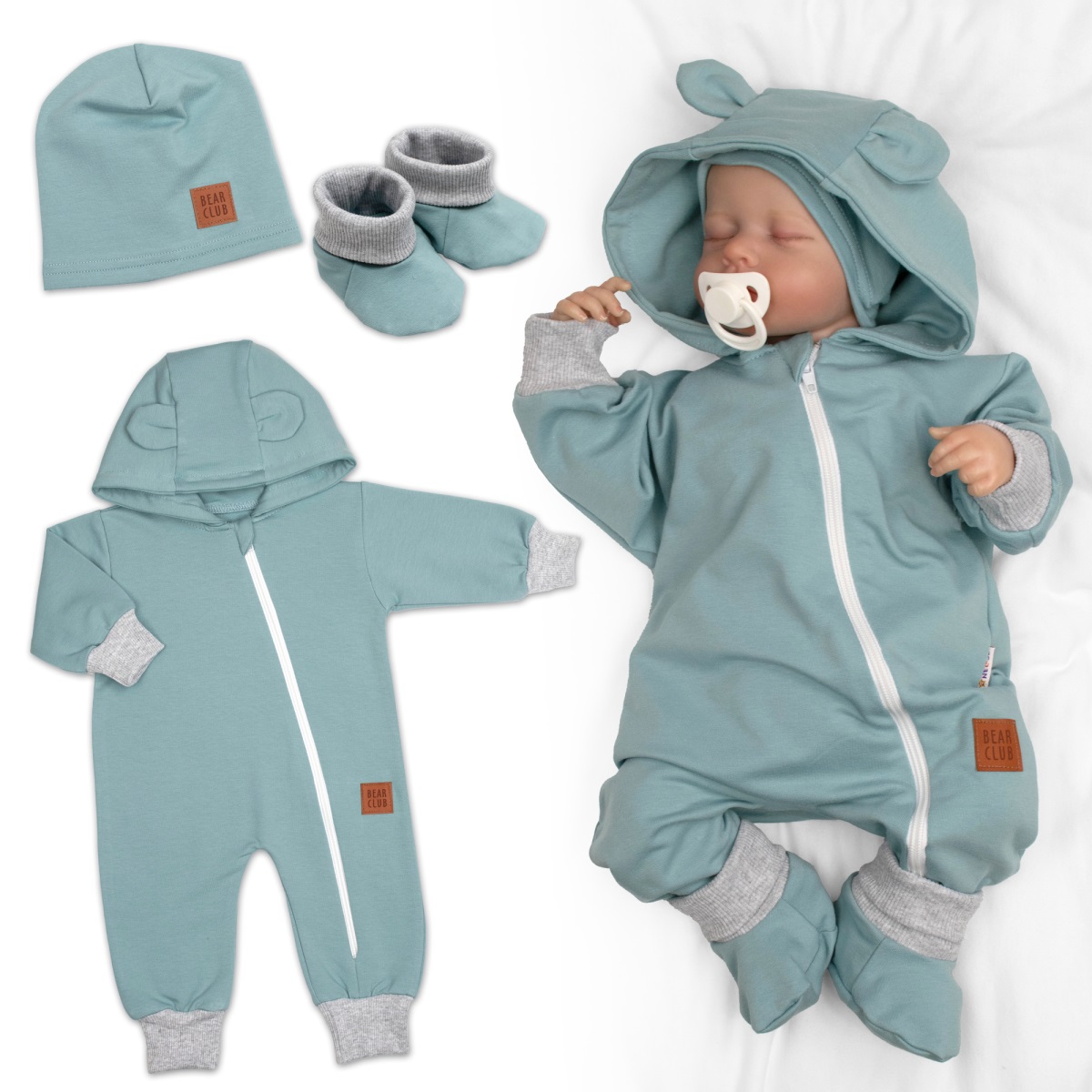 Rastúci teplákový overal pre bábätko, čiapka, botky, 3D, Nature, ledová mata, šedá, 80/86