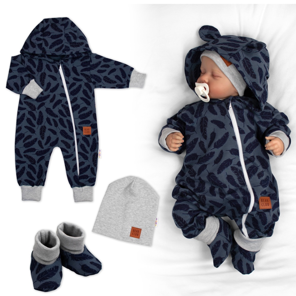 Rastúci teplákový overal pre bábätko, čiapky, topánky, 3D, Nature - jeans pierka