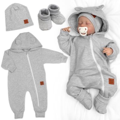 Rastúci teplákový overal pre bábätko, čiapky, topánky, 3D, Nature - šedý melír