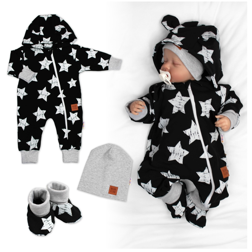 Rastúci teplákový overal pre bábätko, čiapky, topánky, 3D, Nature Star - čierny, 80/86