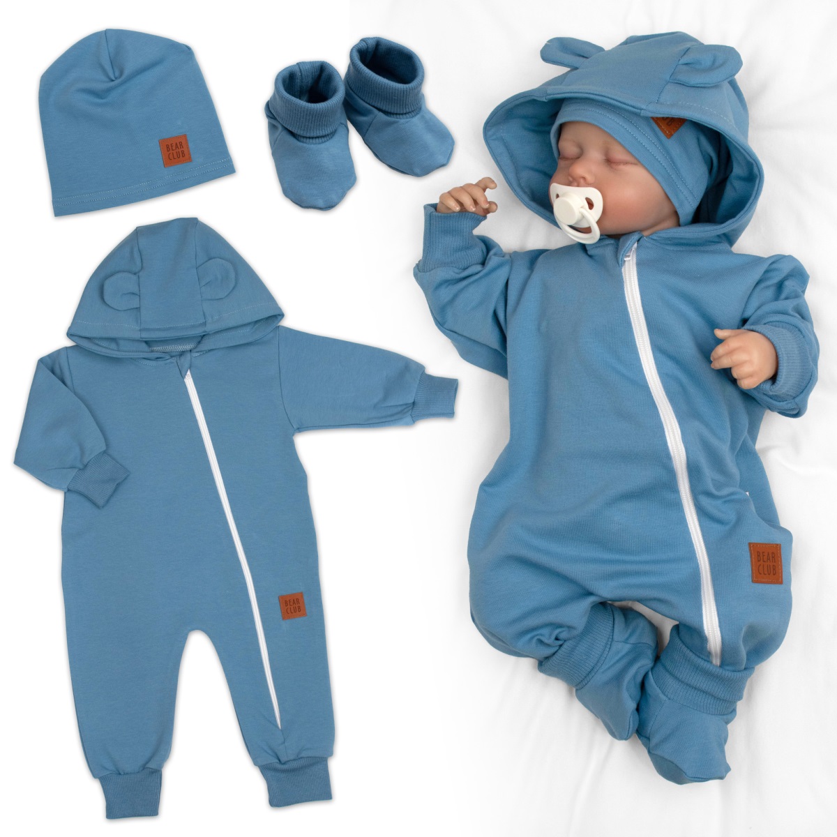 Rastúci teplákový overal pre bábätko, čiapky, topánky, 3D, Nature - tm. modrý, 80/86