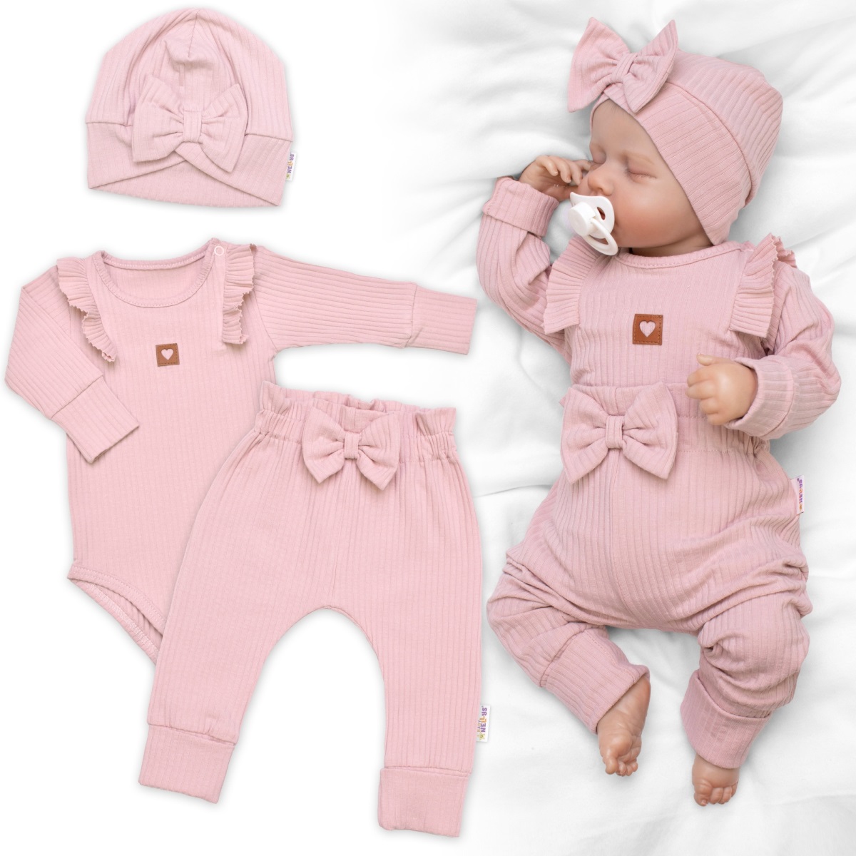 Rebrovaná rastúca súprava 3D, Baby Girl - pudrovo rúžová, veľ.68/74