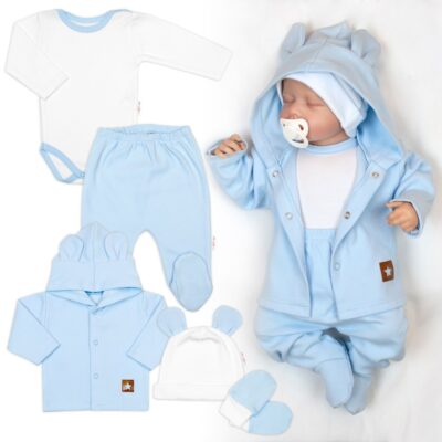 Rebrovaná sada, Star 5D, body, polodup., kabátik, čiapka, rukavice - modrá, biela, 68