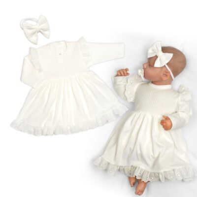 Rebrované sukničkobody + čelenka Paula, dl. rukáv, bavlna, 2D sada, smotanové