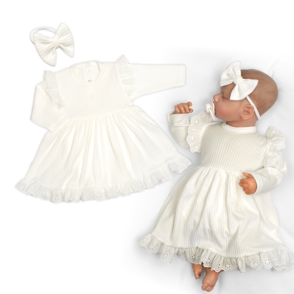 Rebrované sukničkobody + čelenka Paula, dl. rukáv, bavlna, 2D sada, smotanové, 68/74