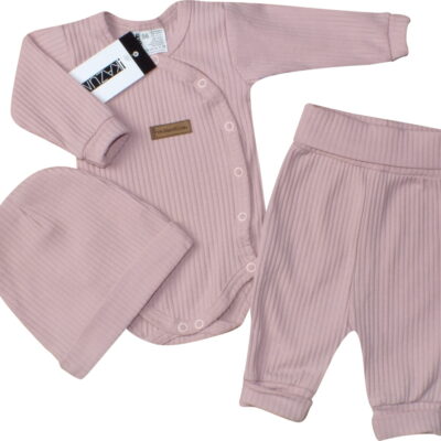 Rebrované zavinovacie body, tepláčky a čiapočka Kazum 3D bavlnená sada, púdrová, veľ. 68