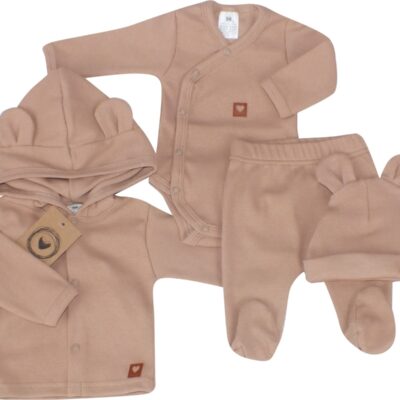 Sada do pôrodnice 4D, rebrovaná, body, polodupačky, kabátik a čiapočka, béžová