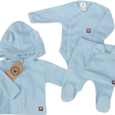 Sada do pôrodnice 4D, rebrovaná, body, polodupačky, kabátik a čiapočka, modrá, veľ.62