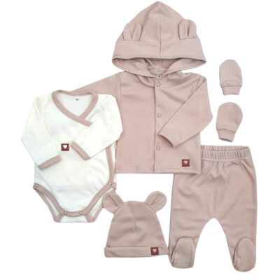 Sada do pôrodnice 5D, body, polodupačky, kabátik, čiapočka, rukavičky, béžová