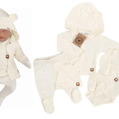 Sada do pôrodnice 5D, body, polodupačky, kabátik, čiapočka, rukavičky - ecru, veľ. 56