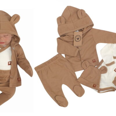 Sada do pôrodnice 5D, body, polodupačky, kabátik, čiapočka, rukavičky - hnedá