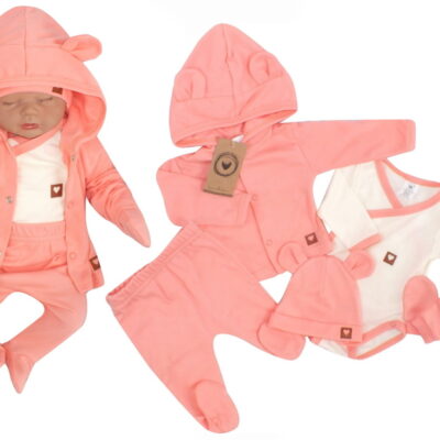 Sada do pôrodnice 5D, body, polodupačky, kabátik, čiapočka, rukavičky - marhuľa