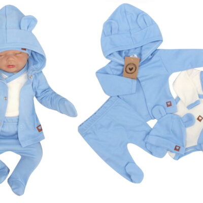 Sada do pôrodnice 5D, body, polodupačky, kabátik, čiapočka, rukavičky - modrá