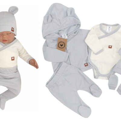 Sada do pôrodnice 5D, body, polodupačky, kabátik, čiapočka, rukavičky - sivá, veľ. 56