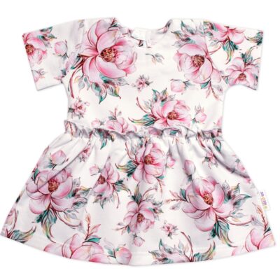 Šaty kr. rukáv, bavlna, Ružičky Baby Nellys, smotanové, veľ. 128/134