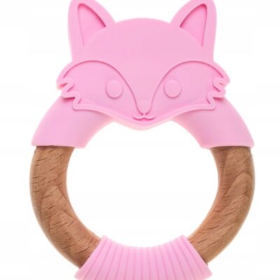 Silikónové drevené hryzátko Líška (ružové)