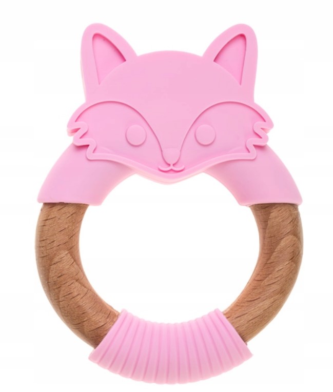 Silikónové drevené hryzátko Líška (ružové)