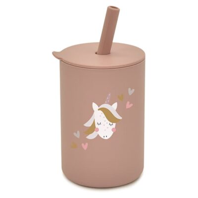 Silikónový hrnček so slamkou Jednorožec, 150 ml - púdrový