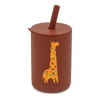 Silikónový hrnček so slamkou Žirafka, 150 ml - hnedá