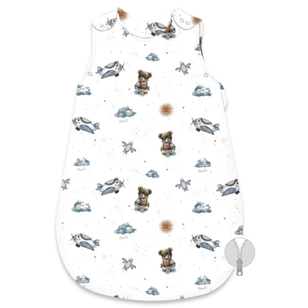 Spací vak, bavlna, 74 cm, Méďa pilot - biela, modrá