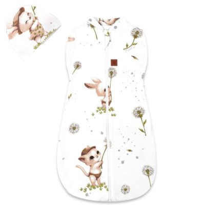 Spací vak, zavinovačka + čiapočka, LUX SOFT, bavlna 2v1, Kocúrik a púpava - biela