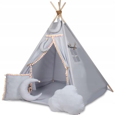 Stan pre deti típí Baby Nellys, výbava - šedý s béžovými brmbolcami