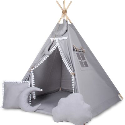 Stan pre deti típí Baby Nellys, výbava - šedý s bielymi brmbolcami