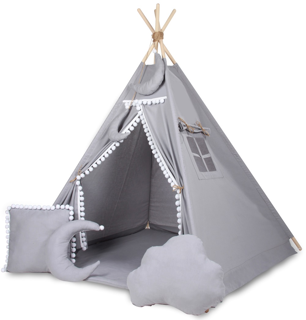 Stan pre deti típí Baby Nellys, výbava - šedý s bielymi brmbolcami