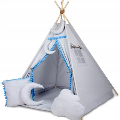 Stan pre deti típí Baby Nellys, výbava - šedý s modrými brmbolcami