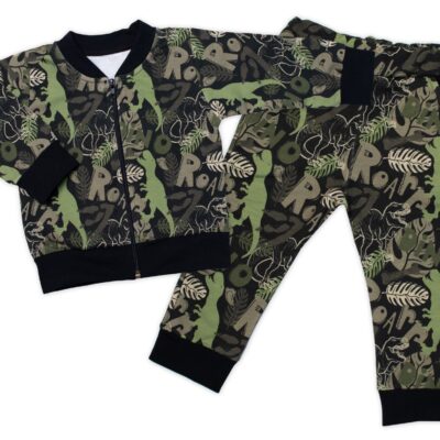 Štýlová bavlnená tepláková súprava G-baby, Dino - khaki/čierna