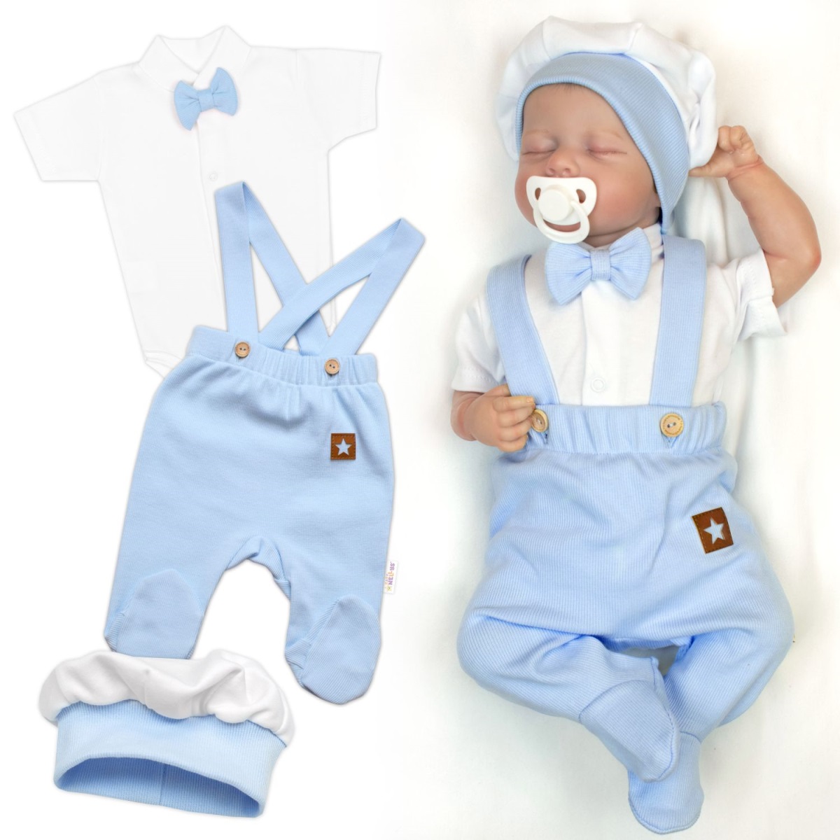 Súprava Gentleman 3D, body kr. rukáv, polodupačky s lacnom + čiapočka,modrá/biela, 68