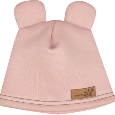 Teplá detská čiapka Kazum, bavlnená s uškami, pudrová, veľ. 68/74