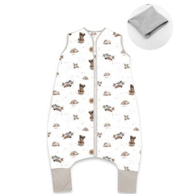 Teplejšie spací vak so zahrnovacími nohavičkami, bavlna, Méďa pilot - biela, béžov, veľ. M