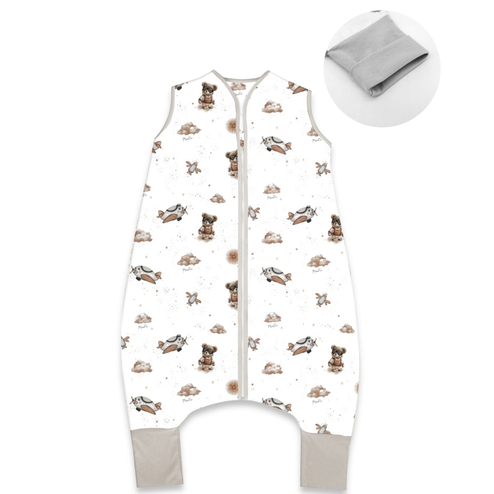 Teplejšie spací vak so zahrnovacími nohavičkami, bavlna, Méďa pilot - biela, béžov, veľ. M