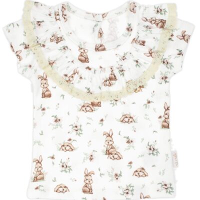 Tričko bavlna, krátky rukáv s volánikmi, Nicol, Bunny - krémové, veľ. 116