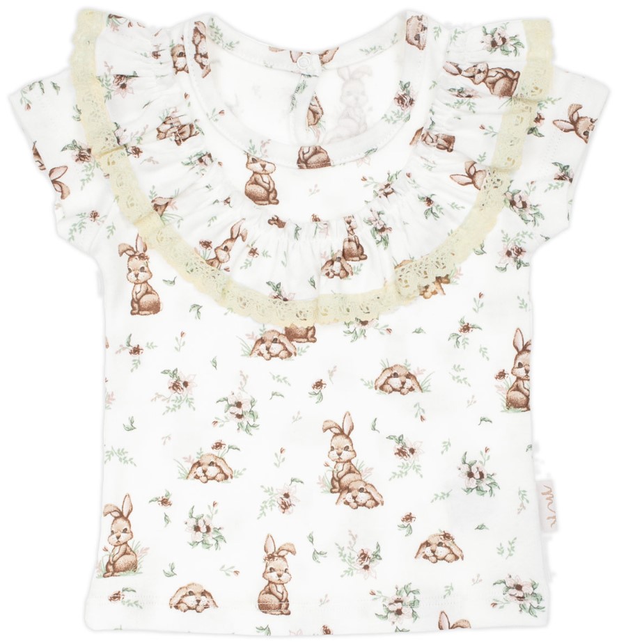 Tričko bavlna, krátky rukáv s volánikmi, Nicol, Bunny - krémové, veľ. 116