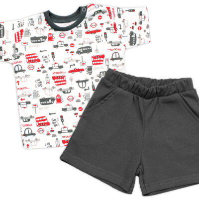 Tričko, krátky rukáv + kraťasky, 2D, Baby Nellys, Autá, bavlna, smotana/sivá, veľ. 92