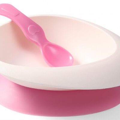 Uzatvárateľná miska s prísavkou a lyžičkou (biela/ružová)