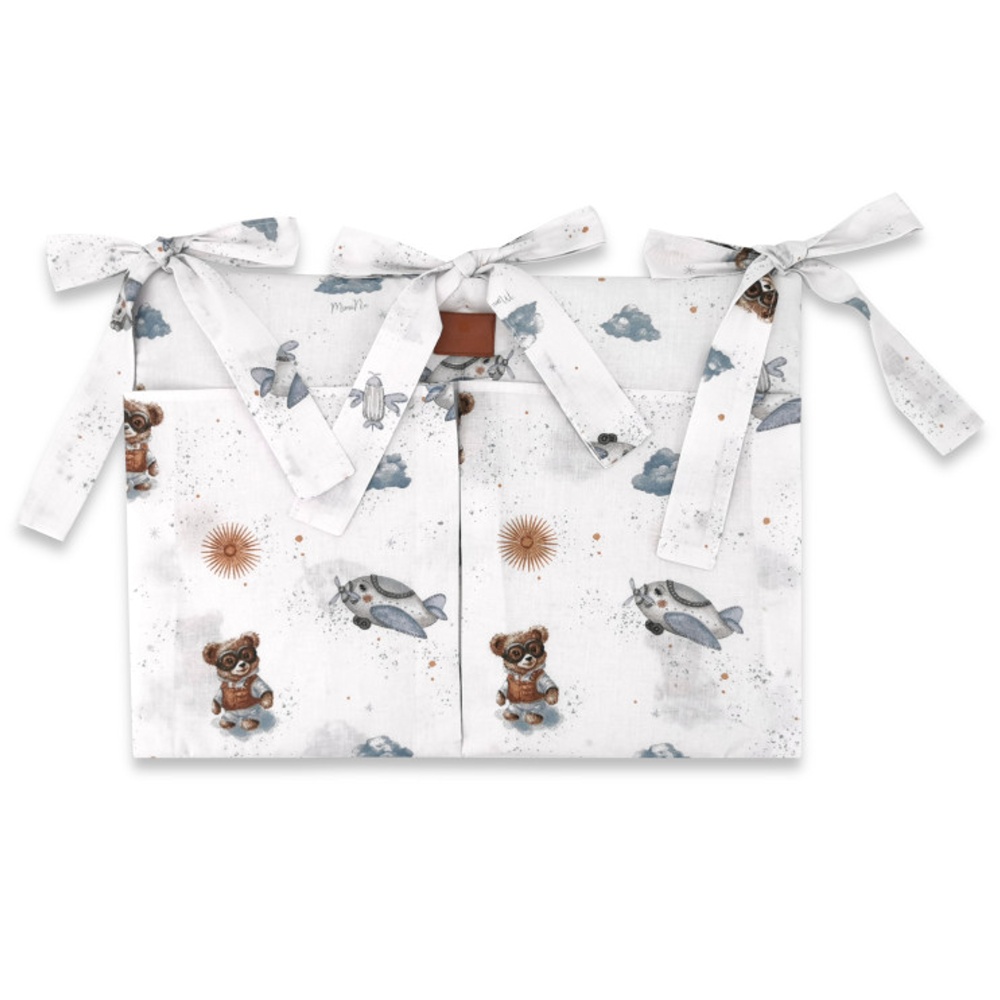 Vreckár na postieľku, bavlna, Méďa pilot - biela, modrá