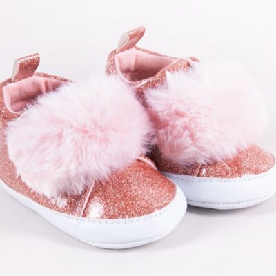 YO! Dojčenské topánky/capáčky lakovky Girl s kožušinou - ružový brokát