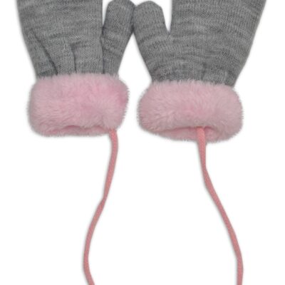 YO ! Zimné detské rukavice s kožušinou - šnúrkou YO - sivá/ružová kožušina