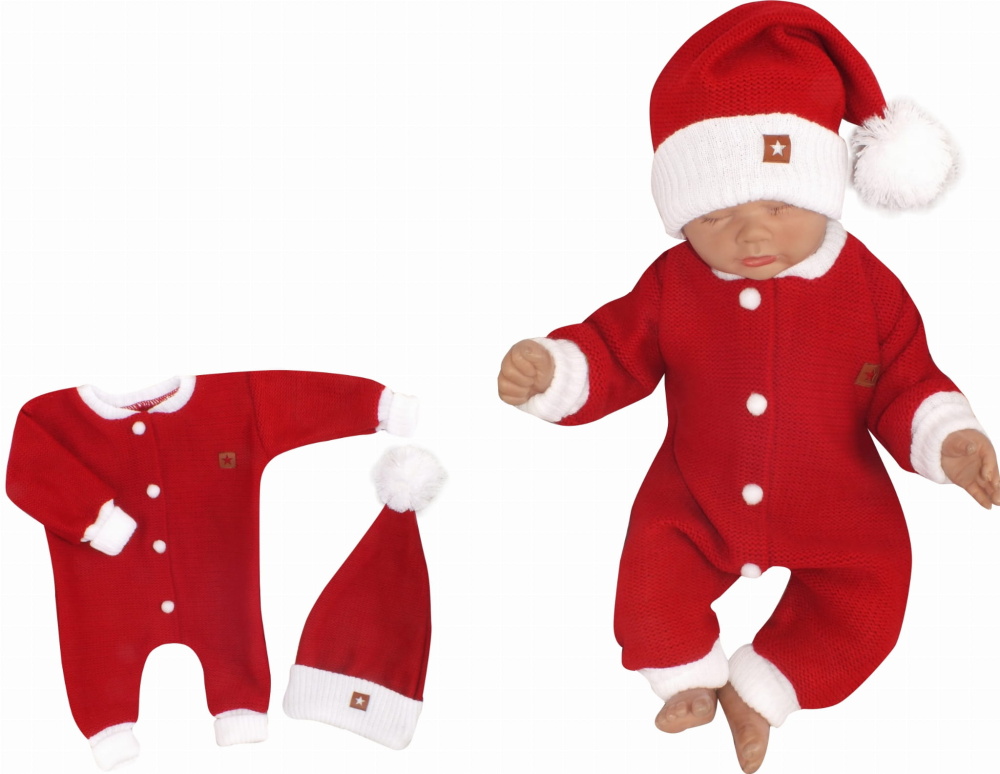 Z&Z 2-dielna sada Pletený overálok + čiapočka Baby Santa, červený, veľ. 86