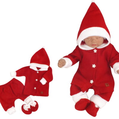 Z&Z 3-dielna pletená súprava, kabátik, nohavice a topánočky Baby Santa, červená, veľ. 86