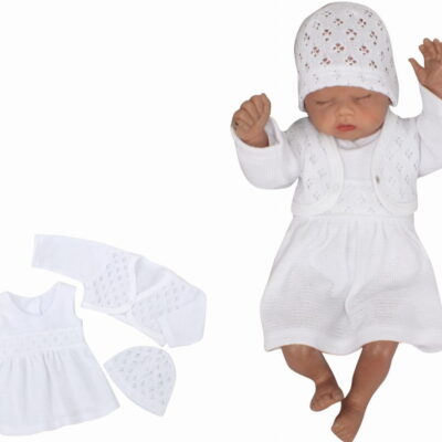 Z&Z 3-dielna pletená súprava šatôčky, bolerko a čiapočka - biela, veľ. 62