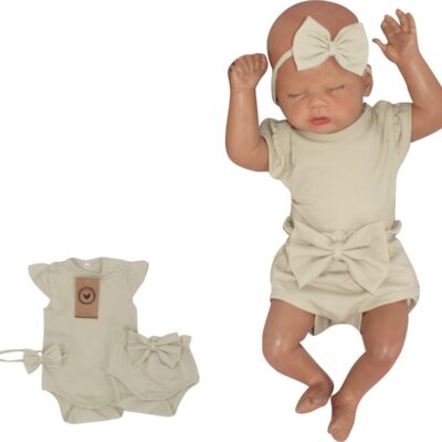 Z&Z 3-dielna sada body, kraťasky, čelenka s mašľou - olivová, veľ. 74