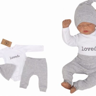 Z & Z 3-dielna súpravička body, tepláčky a čiapočka Loved - bielo/sivá, veľ. 56