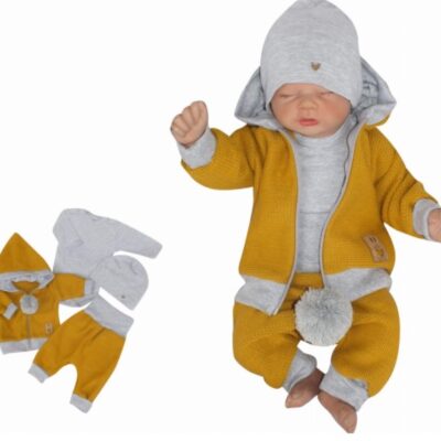 Z&Z 4-dielna pletená súpravička, kabátik, tepláčky, čiapočka a body, horčicová-šedá,vel.86